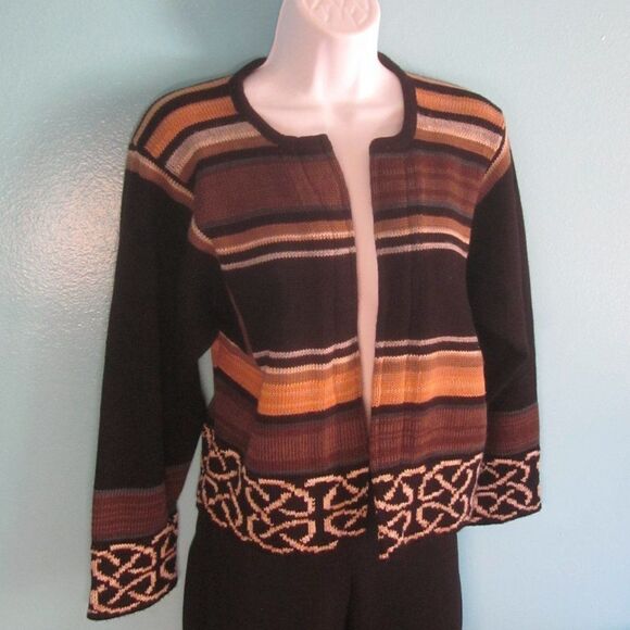 Bill Baber Handknit Edinburgh Scotland Brown Stripe Crop Cardigan Sweater Size M - Picture 4 of 12